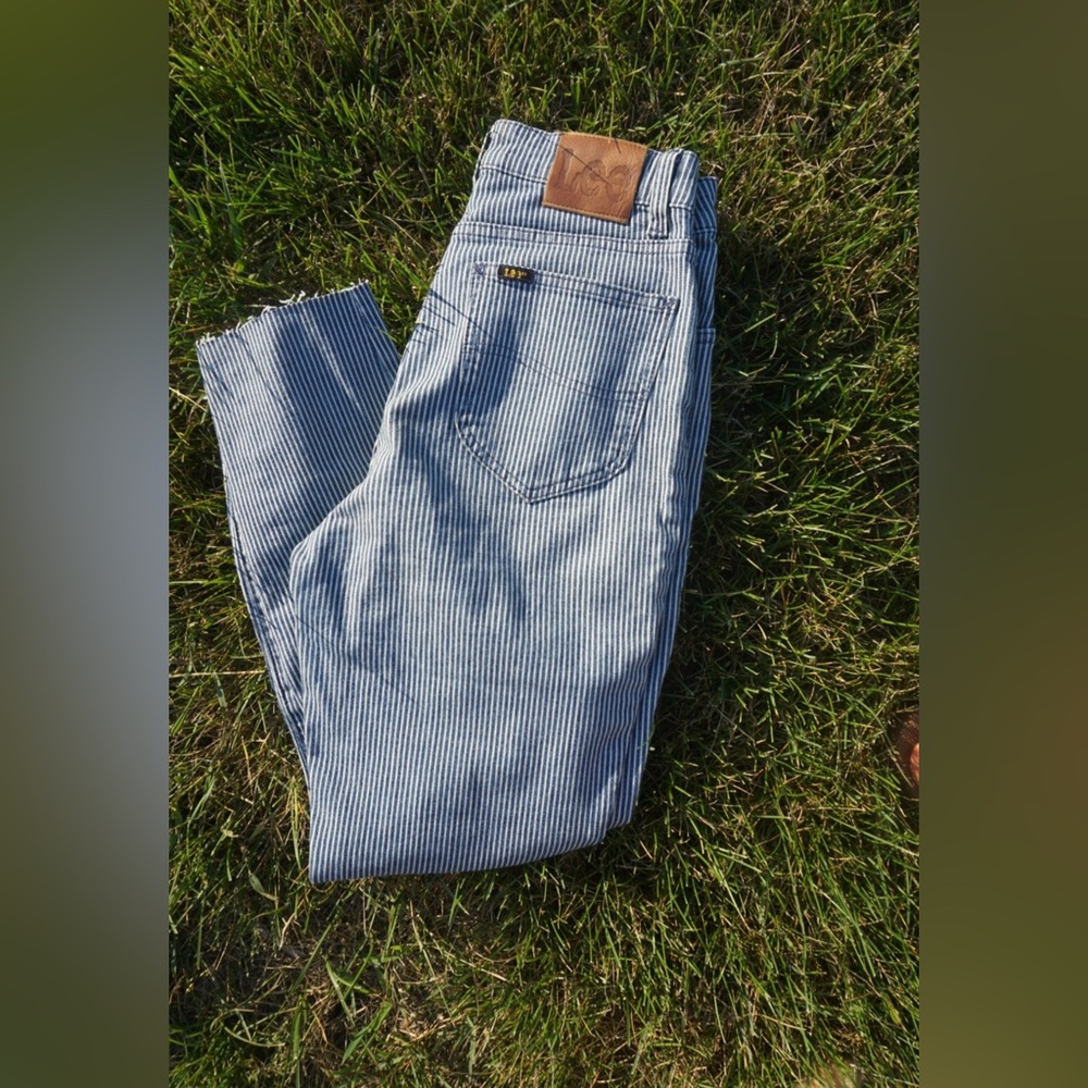 High Rise Striped Blue and White Lee Women's Size 26 Skinny Jeans Raw Hem
